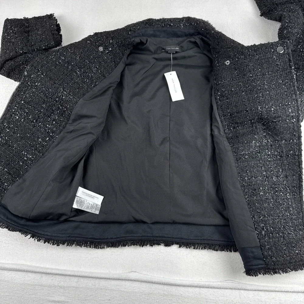 New! Ann Taylor Womens Black Tweed Sparkle Asymmetrical Zip Jacket Size 4